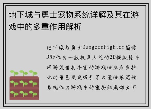 地下城与勇士宠物系统详解及其在游戏中的多重作用解析