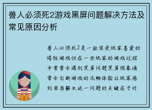 兽人必须死2游戏黑屏问题解决方法及常见原因分析