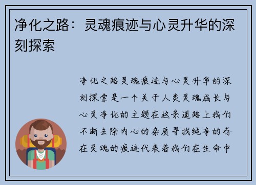 净化之路：灵魂痕迹与心灵升华的深刻探索