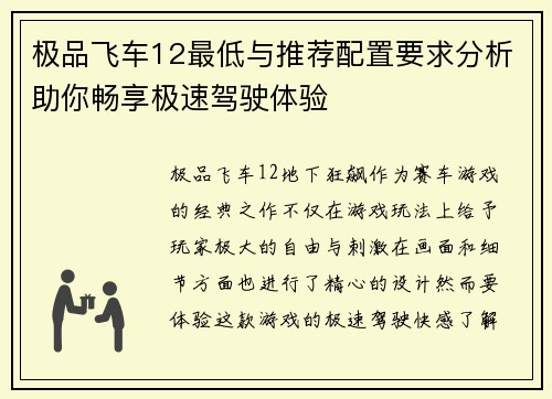 极品飞车12最低与推荐配置要求分析助你畅享极速驾驶体验